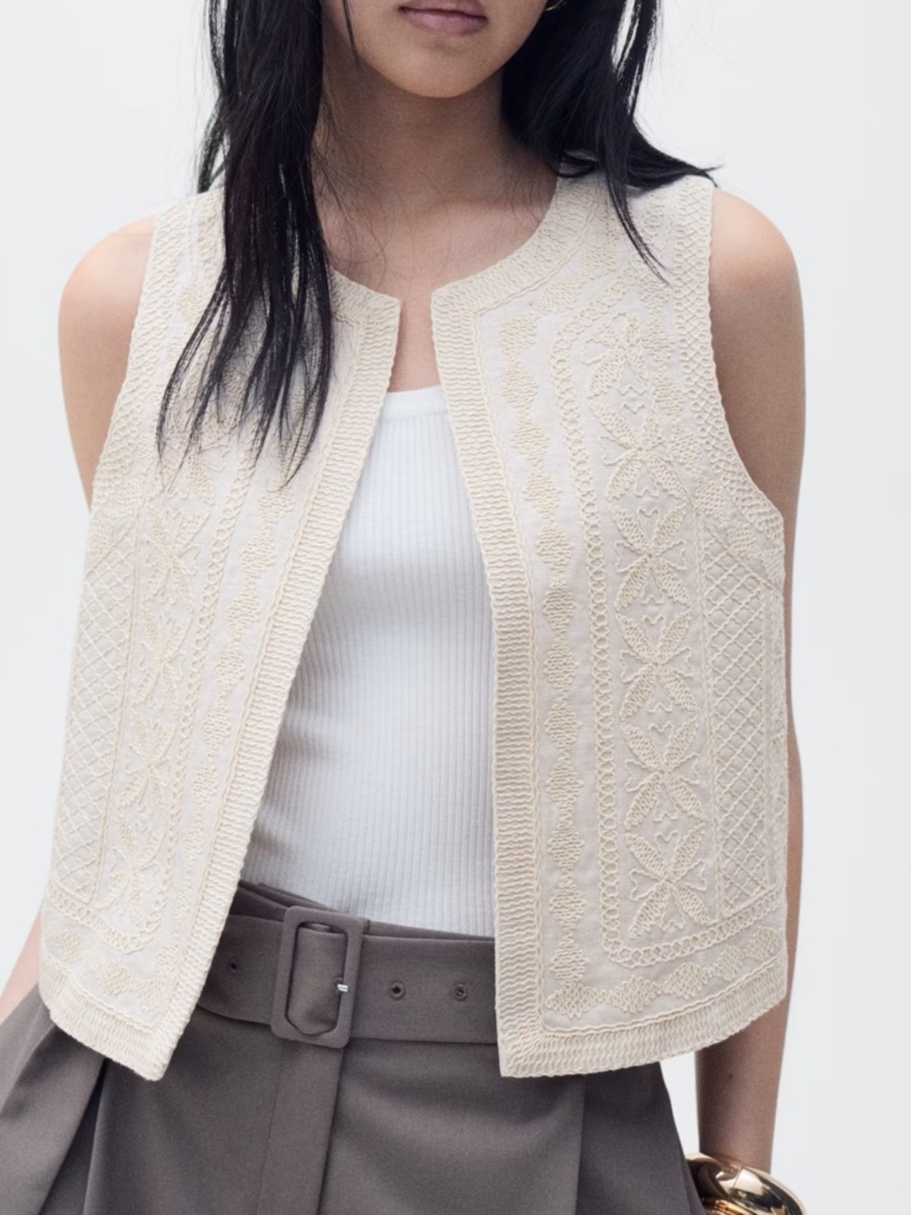 Mango Embroidered Linen Vest Top Large NWT Ecru - Picture 2 of 11